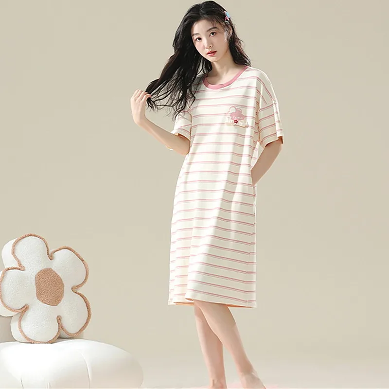 M-4XL Pure Cotton Ladies Summer Nightgowns Loose Plus Size Sleep Shirt Cartoon Striped Night Dress Women Short Sleeve Nightshirt