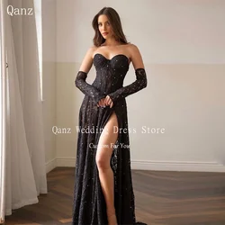 Qanz Sexy Black Prom Dresses Lace Slit Long A Line Vestidos De Gala Corset Back Long Sleeves Formal Occasion Dress Customized