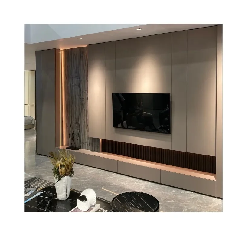 Full Wall TV Cabinet Background Wall Suspended Cabinet Modern Floating Media Console Storage Unit for Living Room Home Decor