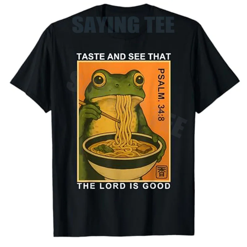 Camiseta Japonesa Y2K con Diseño de Rana Cristiana Comiendo Fideos, con la Frase 'Sé que el Señor es bueno' (Salmo 34:8)