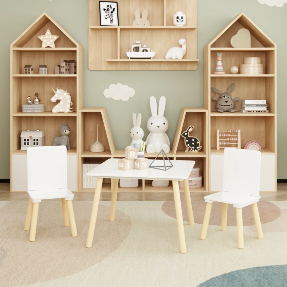 Orraves Kids Table and 2 Chairs Set, 3 Pieces Toddler Table and Chair Set, Wooden Activity Play Table Set (White) view 3