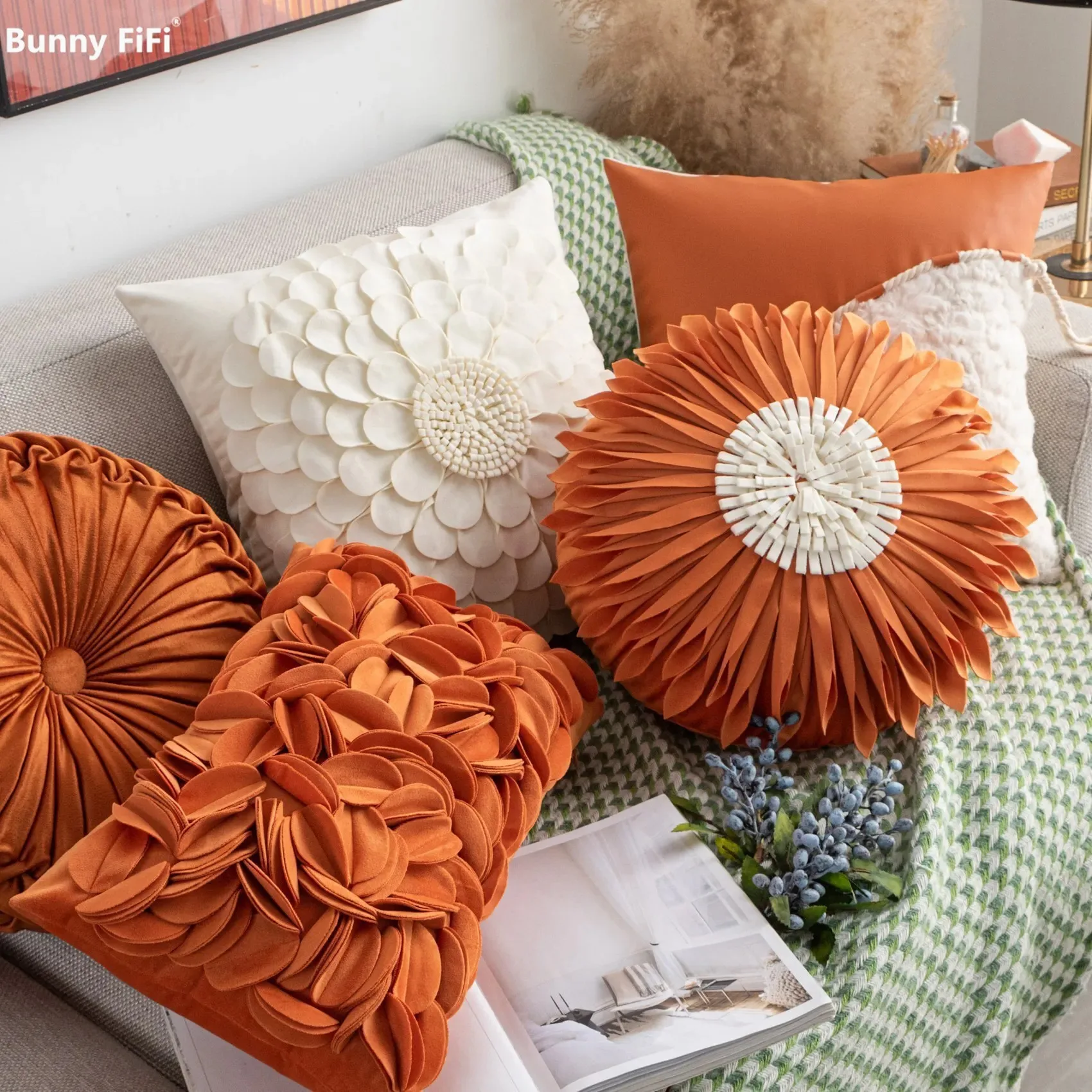 3D-Blätter Handgefertigter Kissenbezug Dekorativer Blumen-Samt-Kissenbezug für Sofa, Bett, Wohnzimmer, Heimdekoration