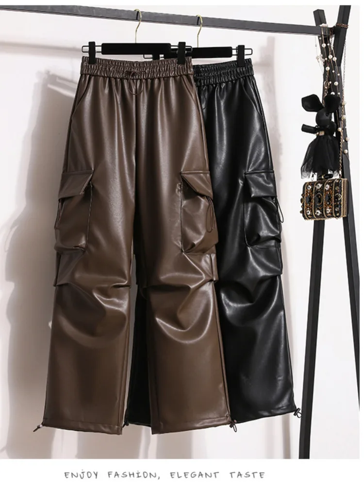 

Autumn Winter Pu Leather Cargo Pants For Women American Vintage Streetwear High Waist Pockets Pants Women Harajuku Trousers