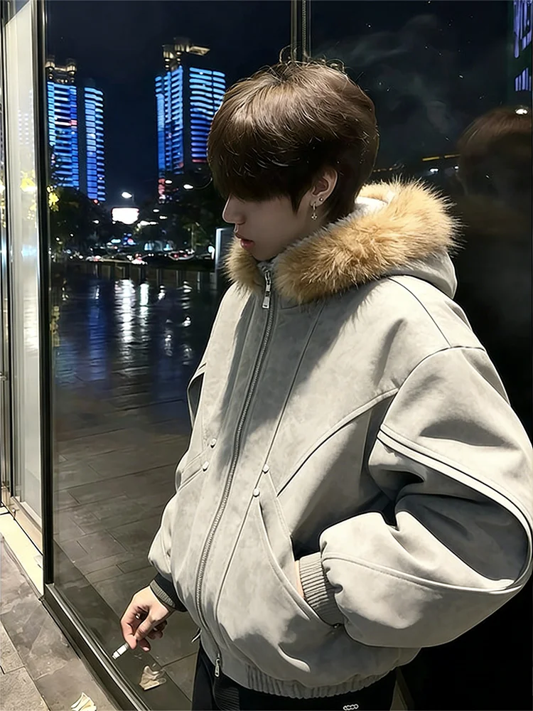 

Men's Winter Thiened PU Leather Jaet with Hood Large Fur Collar Mountain Eagle Embroidery Faionable Bomber Cotton Coat