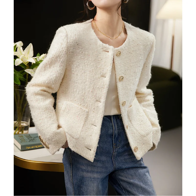 

Wool-blended Small Fragrance Jacket for Women Autumn Winter Simple Casual Chic High Quality Warm Office Lady Tweed Short Jacket