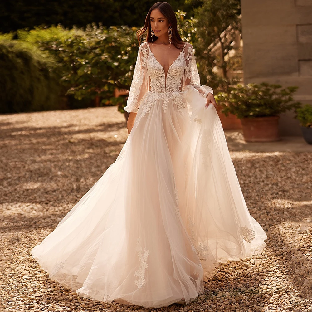 Romantisches Hochzeitskleid für Damen, maßgeschneidert, Puffärmel, V-Ausschnitt, Applikation, offener Rücken, Sweep-Zug, Robe de Mariage, Brautkleid