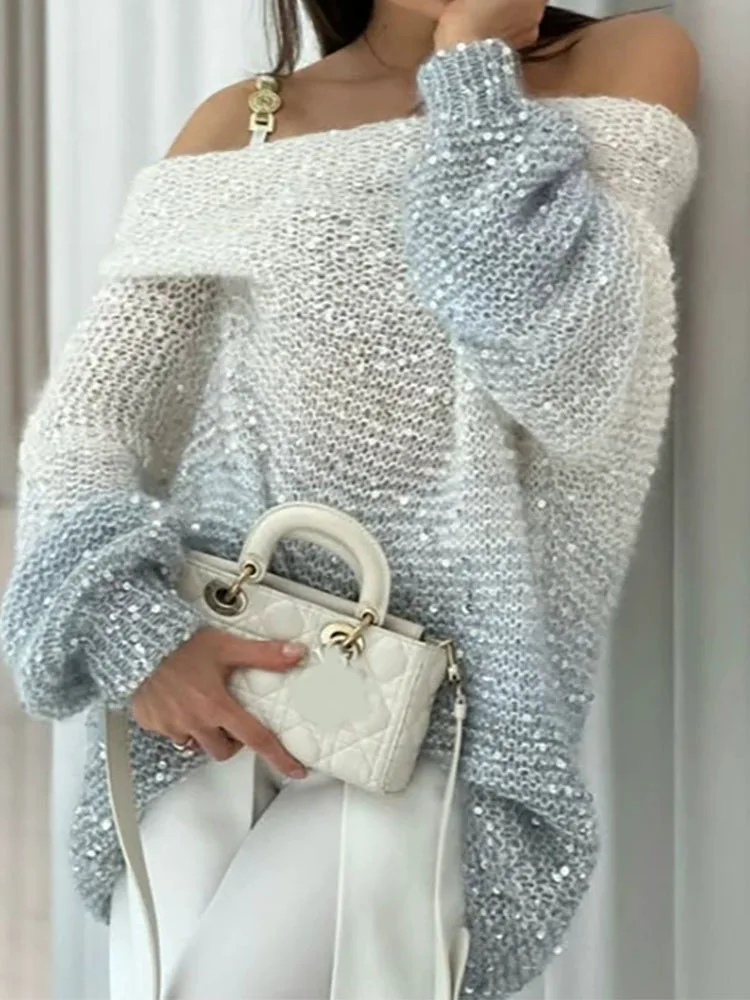 

Lazy style autumn and winter new knitted sweater gradient color sequin single shoulder casual loose sweater