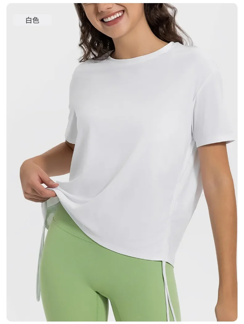 New Lemon Cool Breathable Quick-drying Drawstring Pleated TEE Loose Comfortable Round Neck Outdoor Sports Short Sleeve