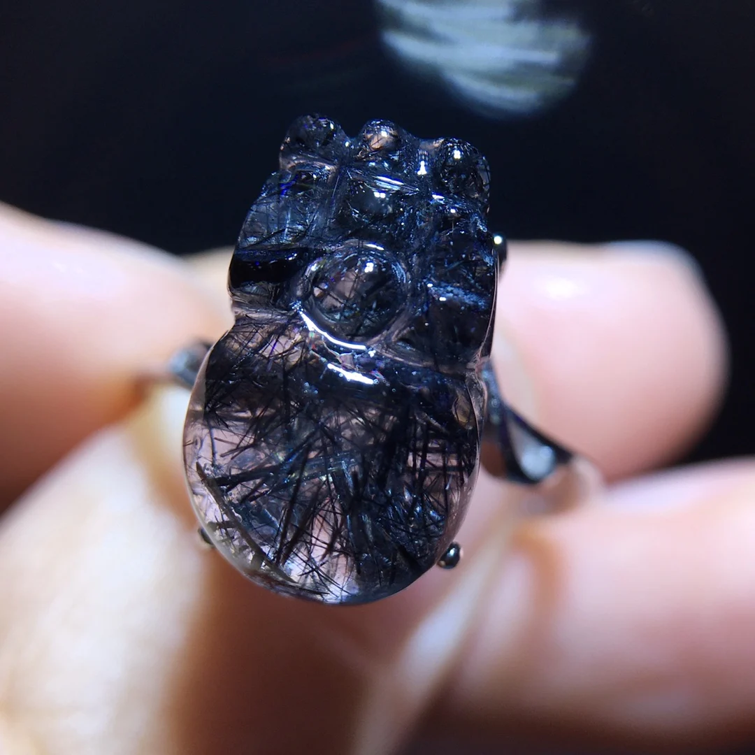 

Natural Black Rutilated Quartz Adjustable Ring 14.3/9mm Pi Xiu Flower Women 925 Silver Yellow Rutilated Beads AAAAAA