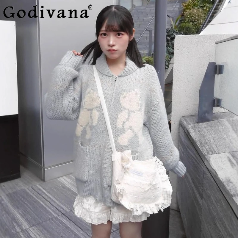 Frühling und Herbst Mädchen japanischen Stil süße süße Bär Jacquard Strickjacke Student täglich lässig gestrickte Jacke Pullover