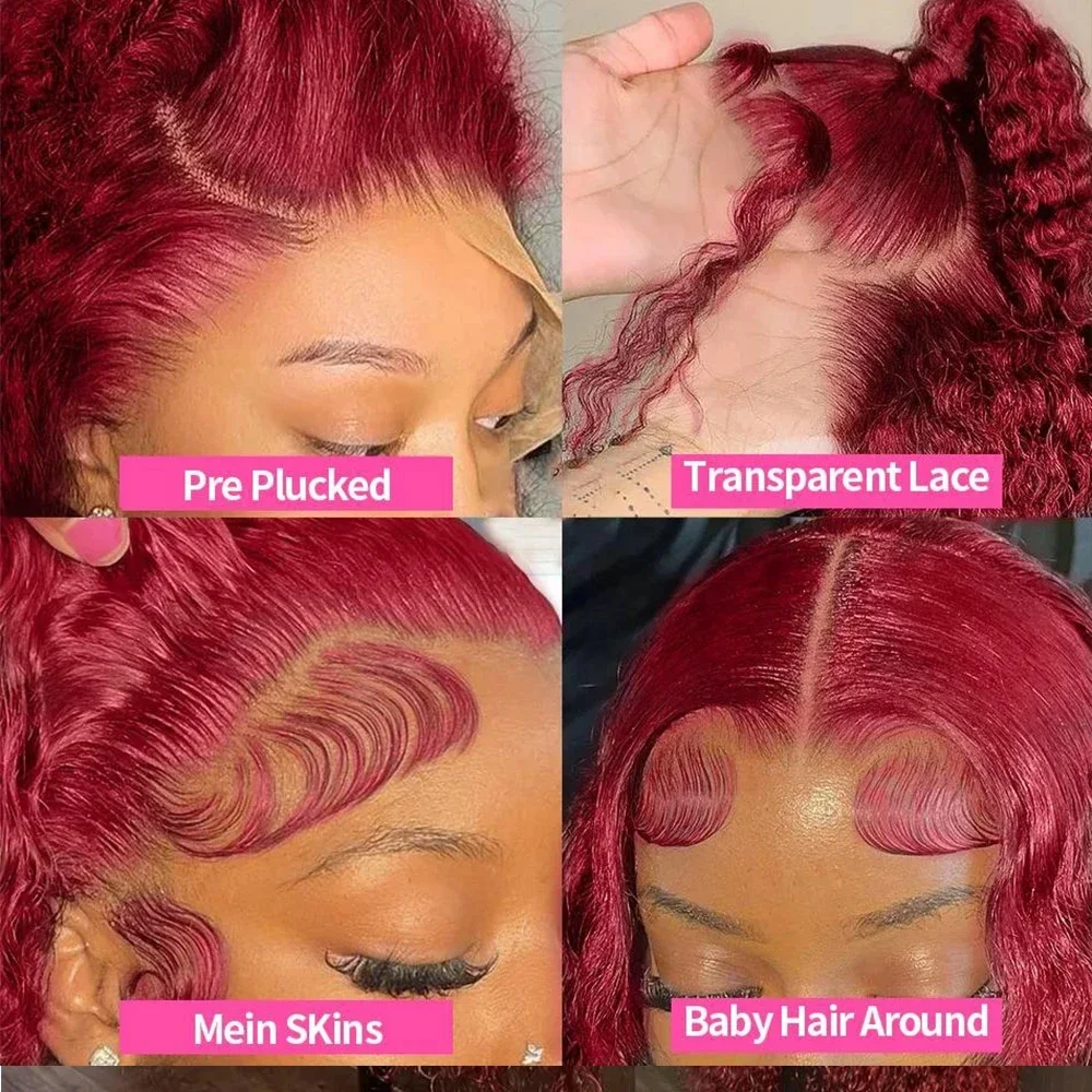 Вьющийся 99j Бордовый Парик Человеческих Волос 13x6 Hd Парик Фронта Шнурка Глубокой Волны Предварительно Сорванные Бразильские Парики Красного Цвета для Женщин
