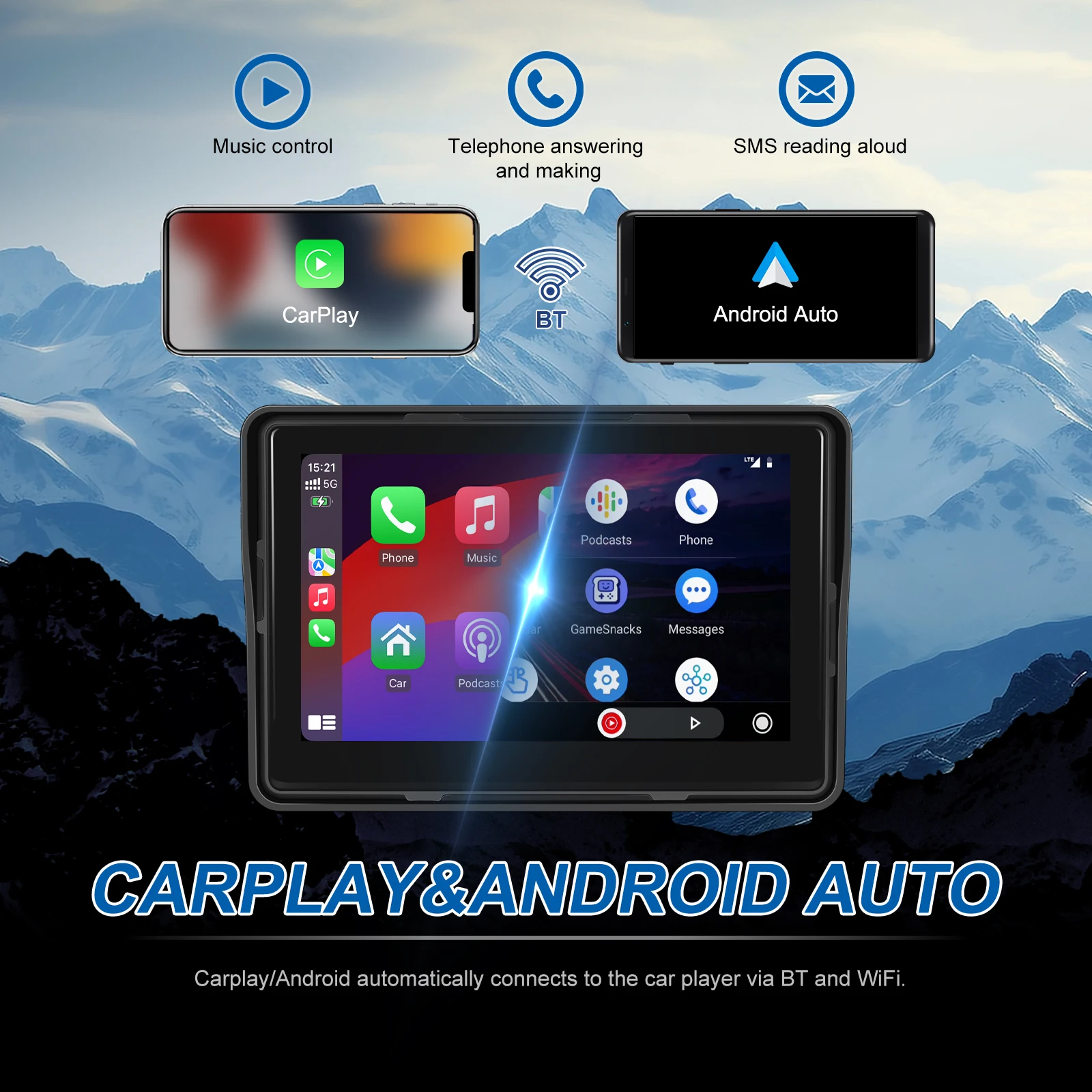 Podofo Motorcycle Monitor 5” Screen Carplay Portable Smart Player Android autio Airplay IP67 Waterproof Bluetooth EQ No DVR