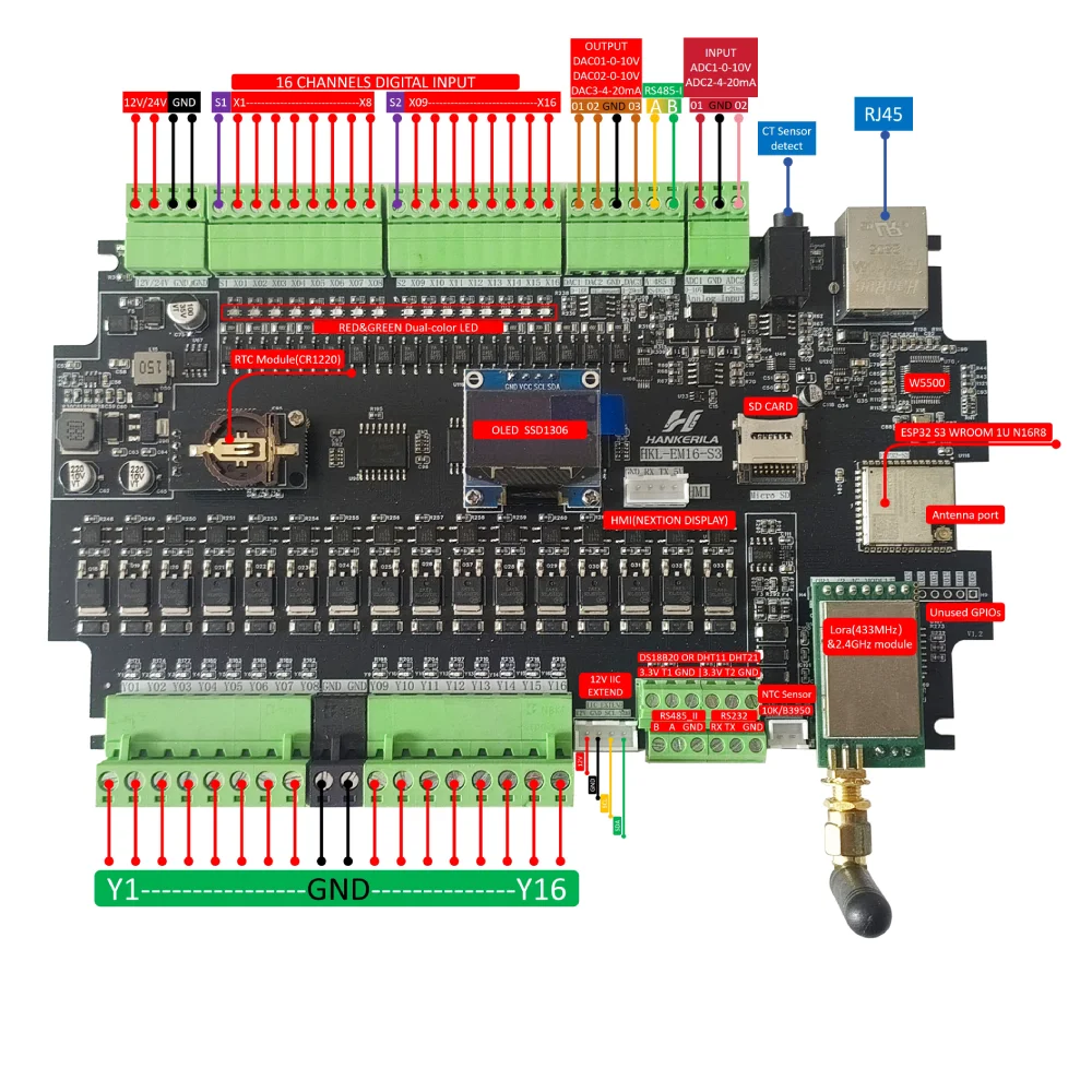 

HKL-EM16 S3 16-канальный выход MOSFET, 16-канальный вход NPN/PNP, вход 4-20 мА, выход 0-10В, 2 порта RS485, 1 порт RS232, PSRAM и SD-карта.