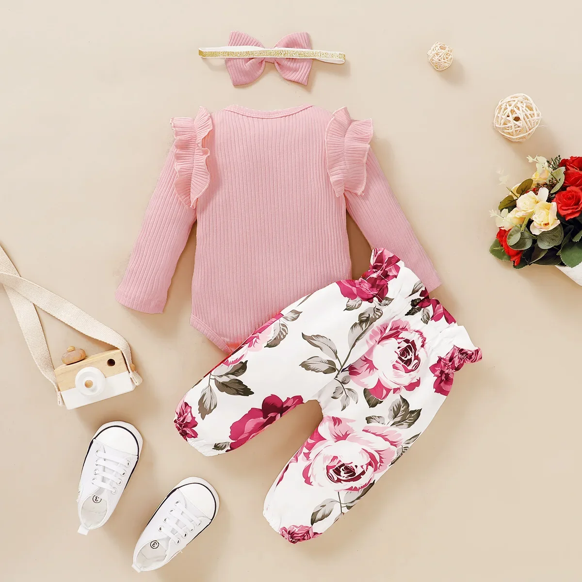 0-18M Newborn Baby Girls Clothes 3Pcs Set Ruffle Romper Long Sleeves Bow Pants Headband Infant Spring Autumn Toddler Outfit