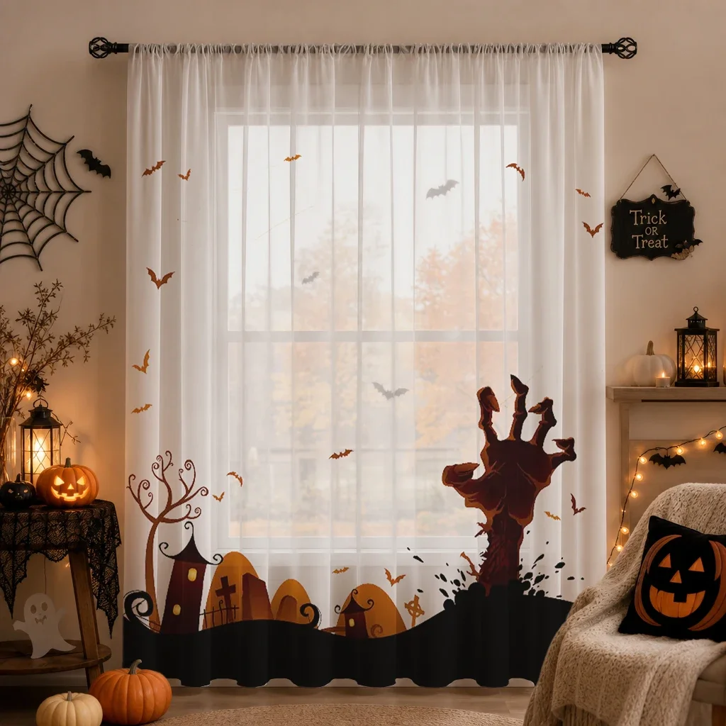 Halloween Festival Sheer Curtain, Good Quality Light Reducing Privacy Voile for Living/Bedroom/Kids Room,Mother's Day Gift