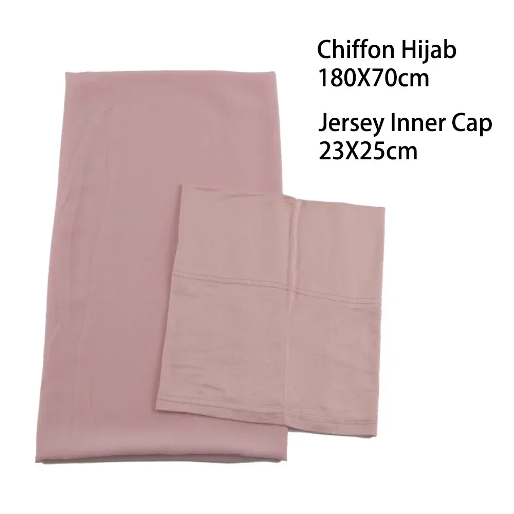 Hijab de gasa con gorro interno a juego para mujer musulmana, pañuelo para la cabeza, chal largo de gasa con Jersey de Color a juego, gorras