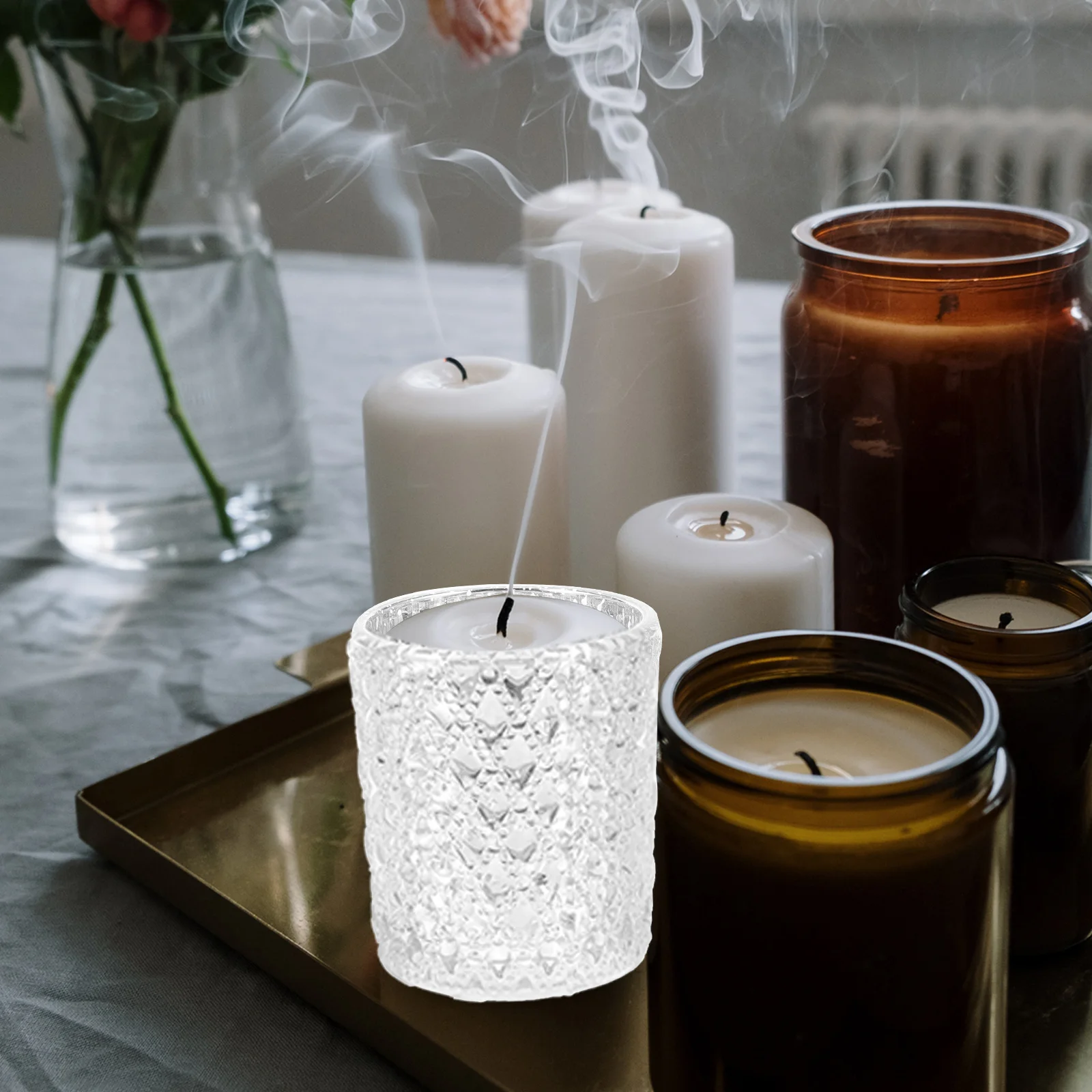 

12Pcs Wedding Party Glass Embossed Holders Romantic Desktop Candlestick Decorative Glass Stand Aromatherapy Holder