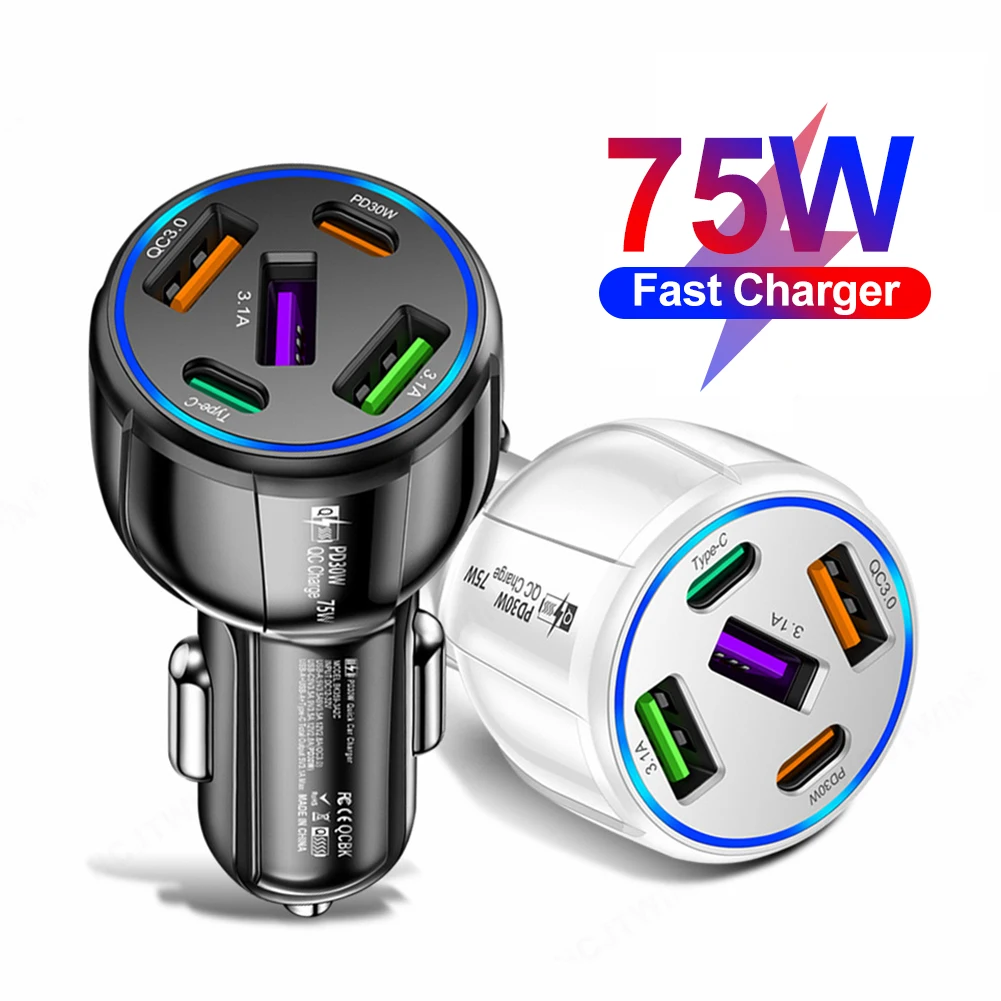 75W Car Charger 5 Ports Fast Charging for PD QC3.0 Car USB Charger Type-C Charger Adapter For iPhone Xiaomi Huawei Samsung