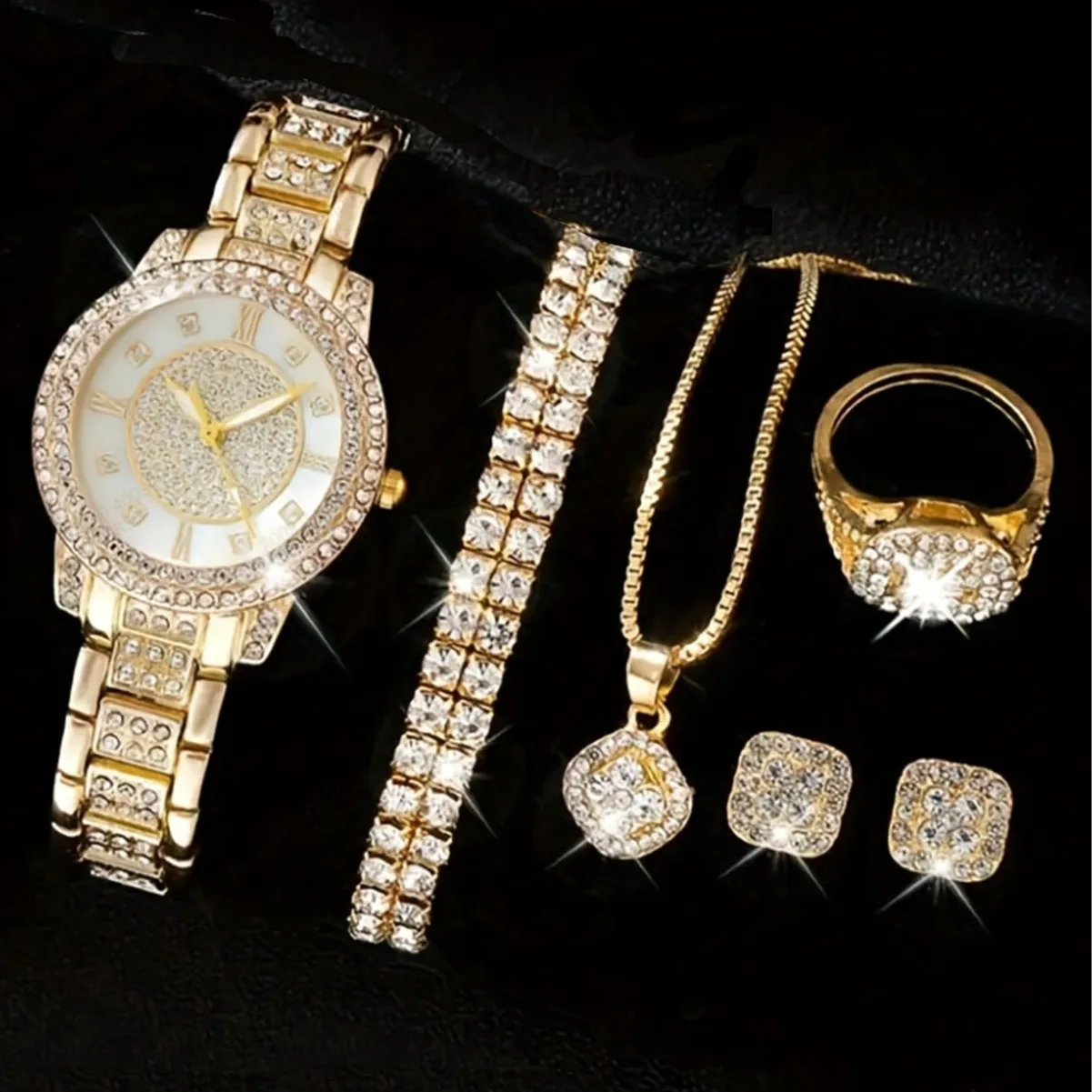 

5pcs/set Women's Watch Luxury Rhinestone Quartz Watch Hiphop Fashion Analog Wrist Watch & Jewelry Set Gifts for Female