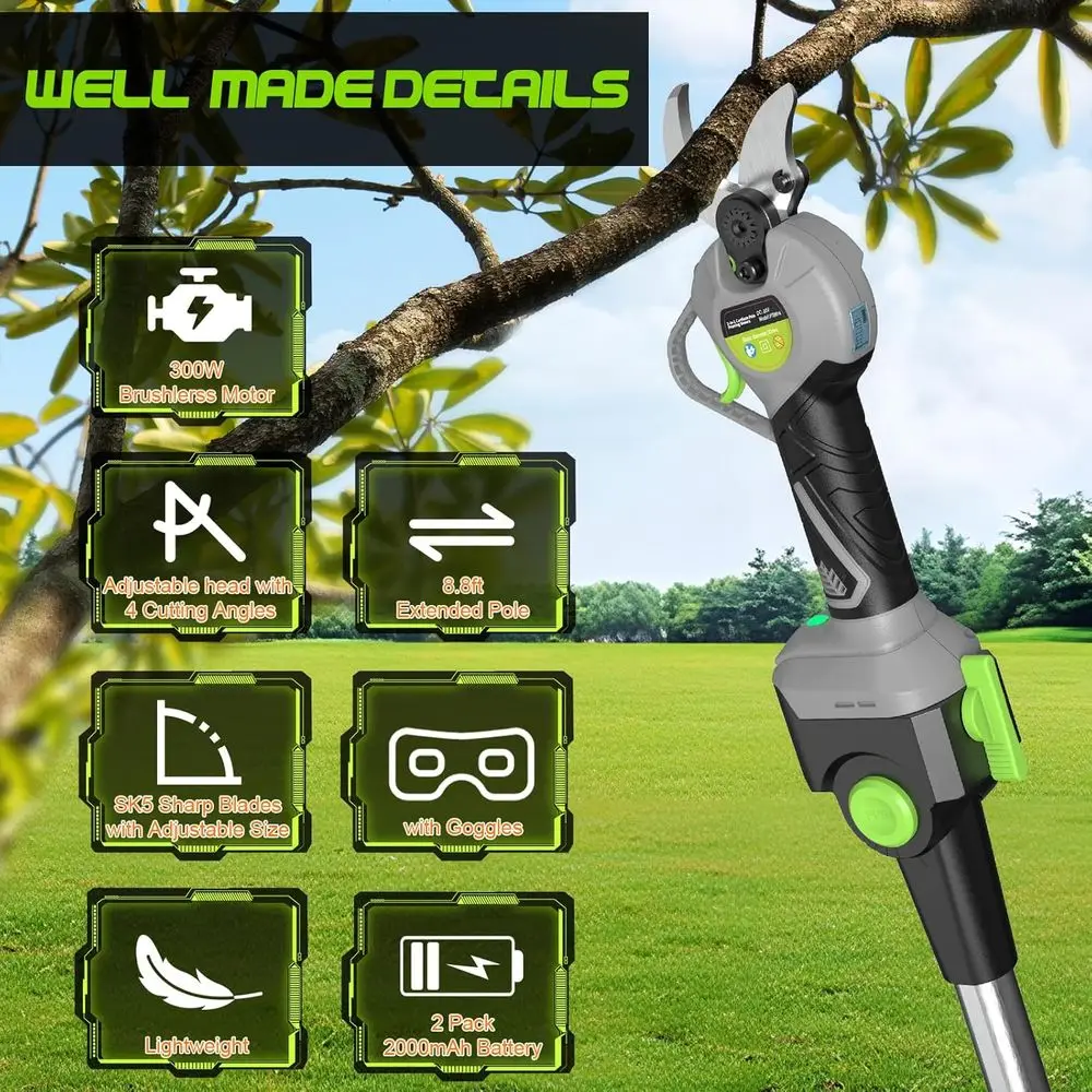 مقصات تشذيب كهربائية 2 في 1 لاسلكية، مقصات تشذيب كهربائية مع شاشة LCD، عمود قابل للتمديد بطول 8.8 قدم لتقليم الأشجار، مع 2 P