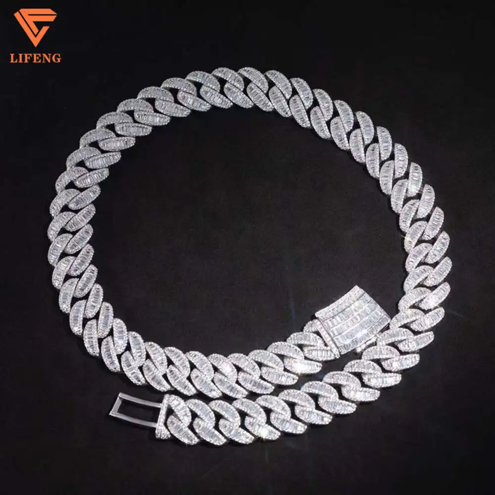 New Arrival Fashion Jewelry White Gold Plated S925 Iced Out 20mm Vvs Moissanite Baguette Diamonds Hip Hop Cuban Chain Necklace