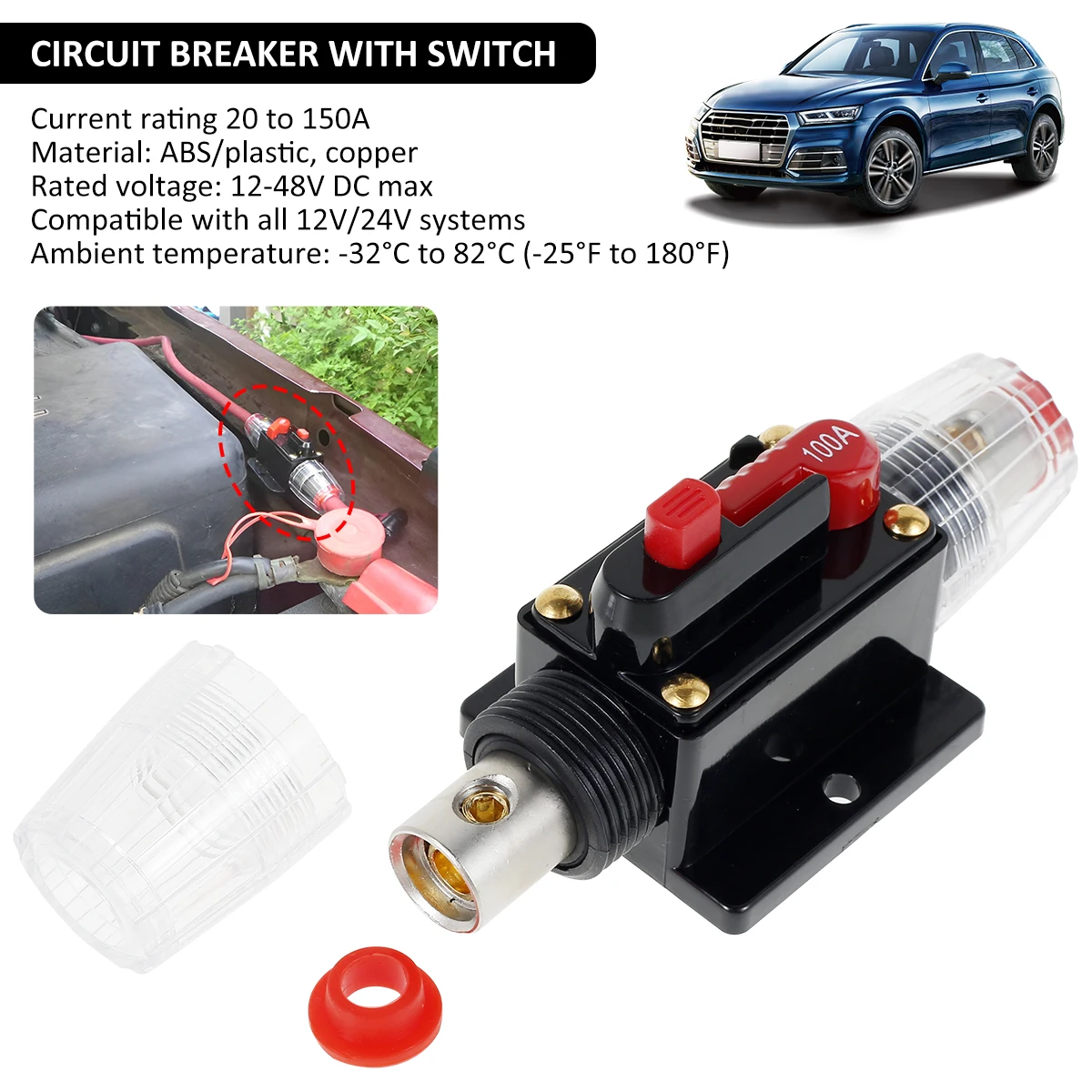 Hand Circuit Breaker Resettable Fuse Holder 12/48V DC Circuit Breaker Switch Safety Car RV Audio Inline Circuit Breaker Holder