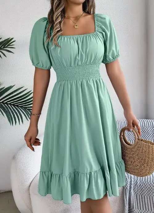 

Women's Dress 2025 Spring/summer Casual Square Neck Short Sleeved Waist Cinched Ruffle A-Line Skirt for Women