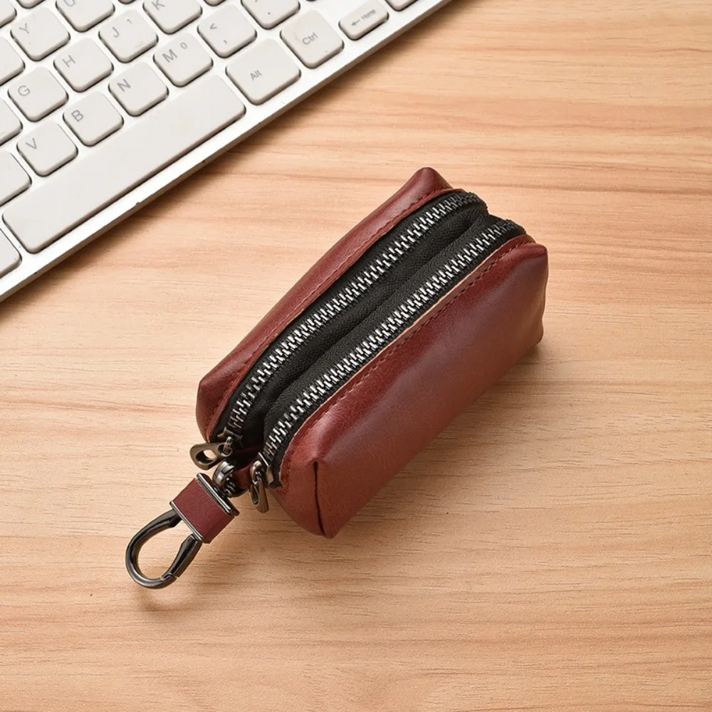 Portable Leather Key Pouch Bag Multifunctional Double Zipper Coin Purse Large-Capacity Car Key Bag Men Women
