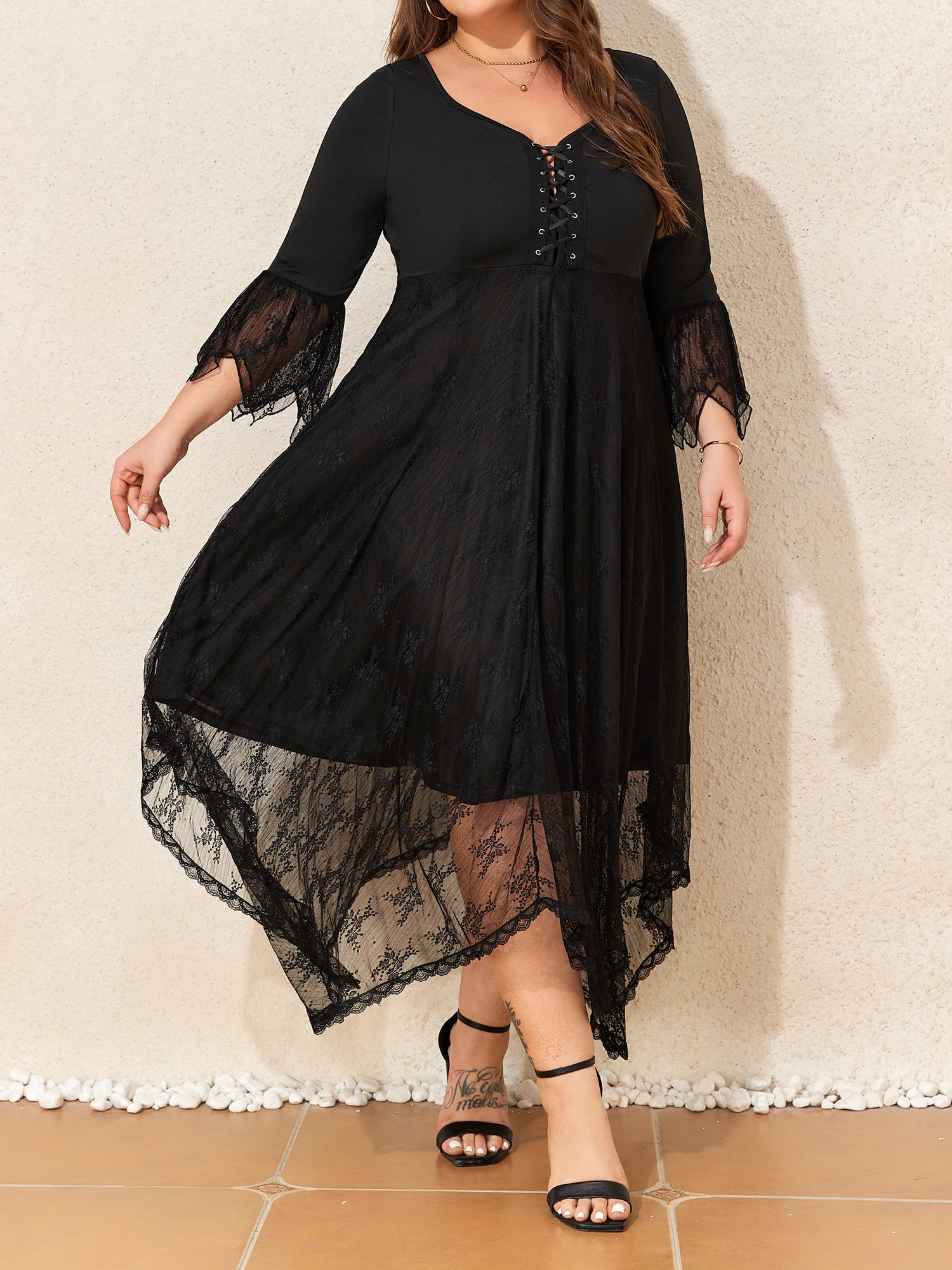 Halloween Plus Size Womens Gothic Lace Long Sleeve V-Neck Midi Dress Spring Autumn Ladie Lace Up Party Cocktail A-Line Ball Gown