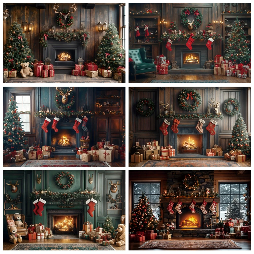 Christmas Fireplace Photography Backdrop Xmas Tree Gifts Toy Bear Socks Wreath Kids Portrait Family Party Decor Photo Background
