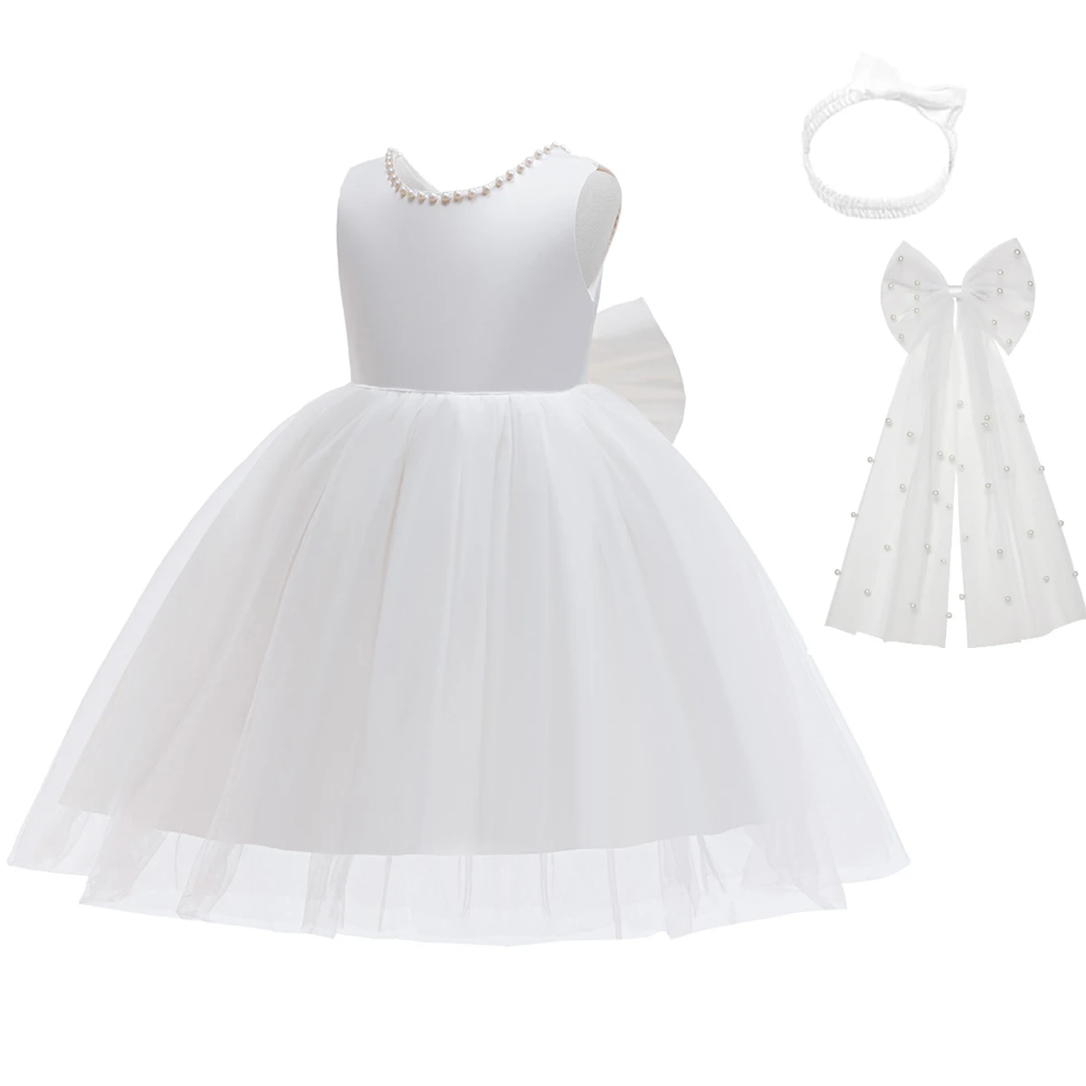 

Элегантное праздничное платье для девочек, белое шифоновое платье-пачка с бантом и открытой спиной, платье принцессы с повязкой на голову для детей 3-8 лет