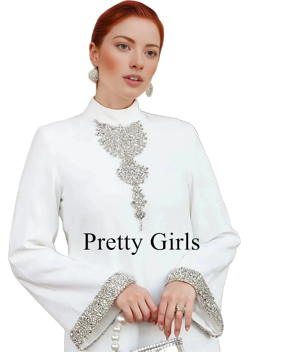 Dubai White Crepe Satin Rhinestone Evening Dresses Luxury Long Sleeves High Collar Party Prom Gowns Formal vestidos de fiesta
