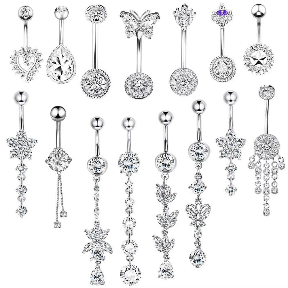 1 unidad de nuevos anillos de ombligo CZ, barra colgante larga, Piercing para el ombligo, Piercing de cristal brillante, joyería encantadora para el cuerpo Oreja