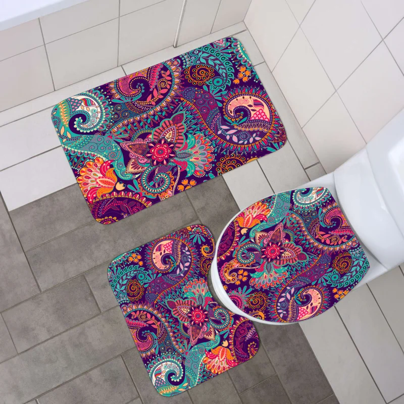 Patterned Set: Includes 1/4 Pcs Abstract Paisley Printed Shower Curtain with 12 Hooks, Non-Slip Bath Mat, U-Shaped