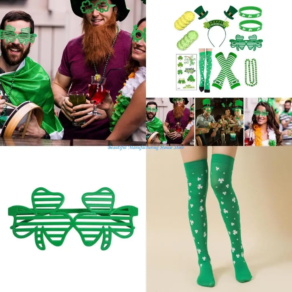 

E56A Irish National Day Shamrock Suit StPatricks Party Gathering Costume Set 16PCS