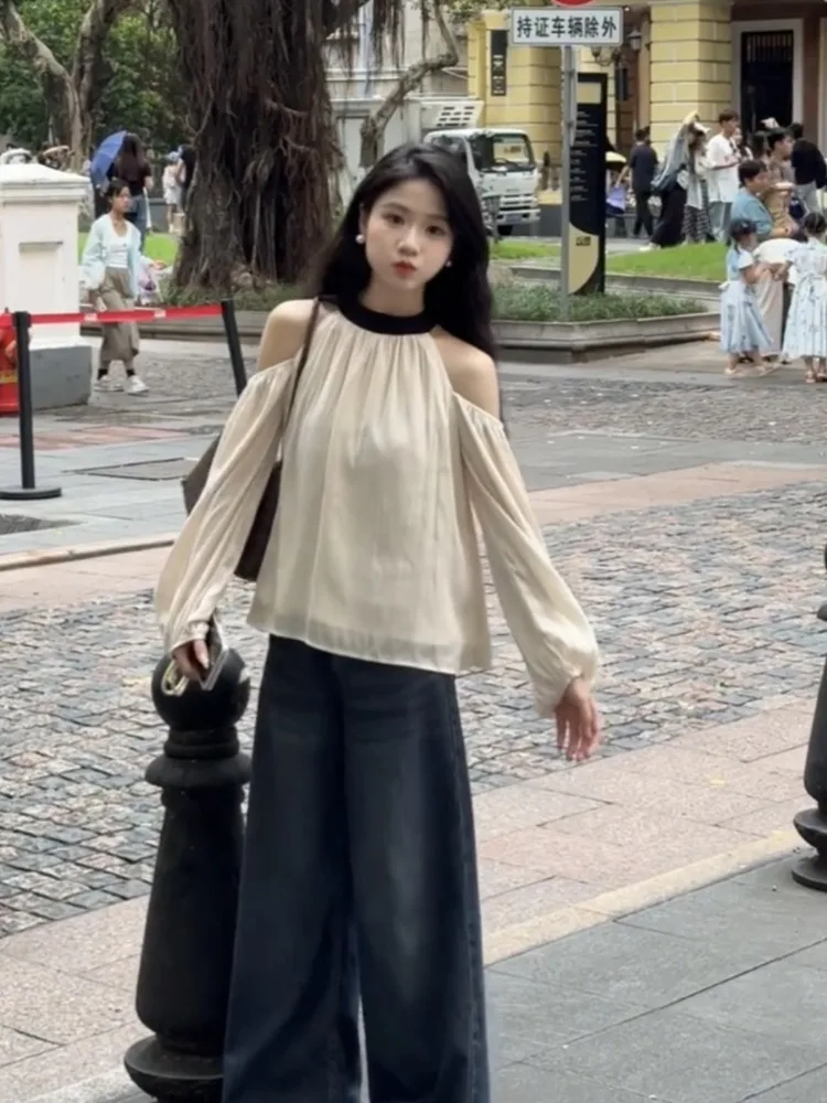 

Y2k Aesthetic Off-the-shoulder Blouses Autumn Women Harajuku Patchwork Halter Grunge Shirts Fairy Pleated Vintage Tops Blusas