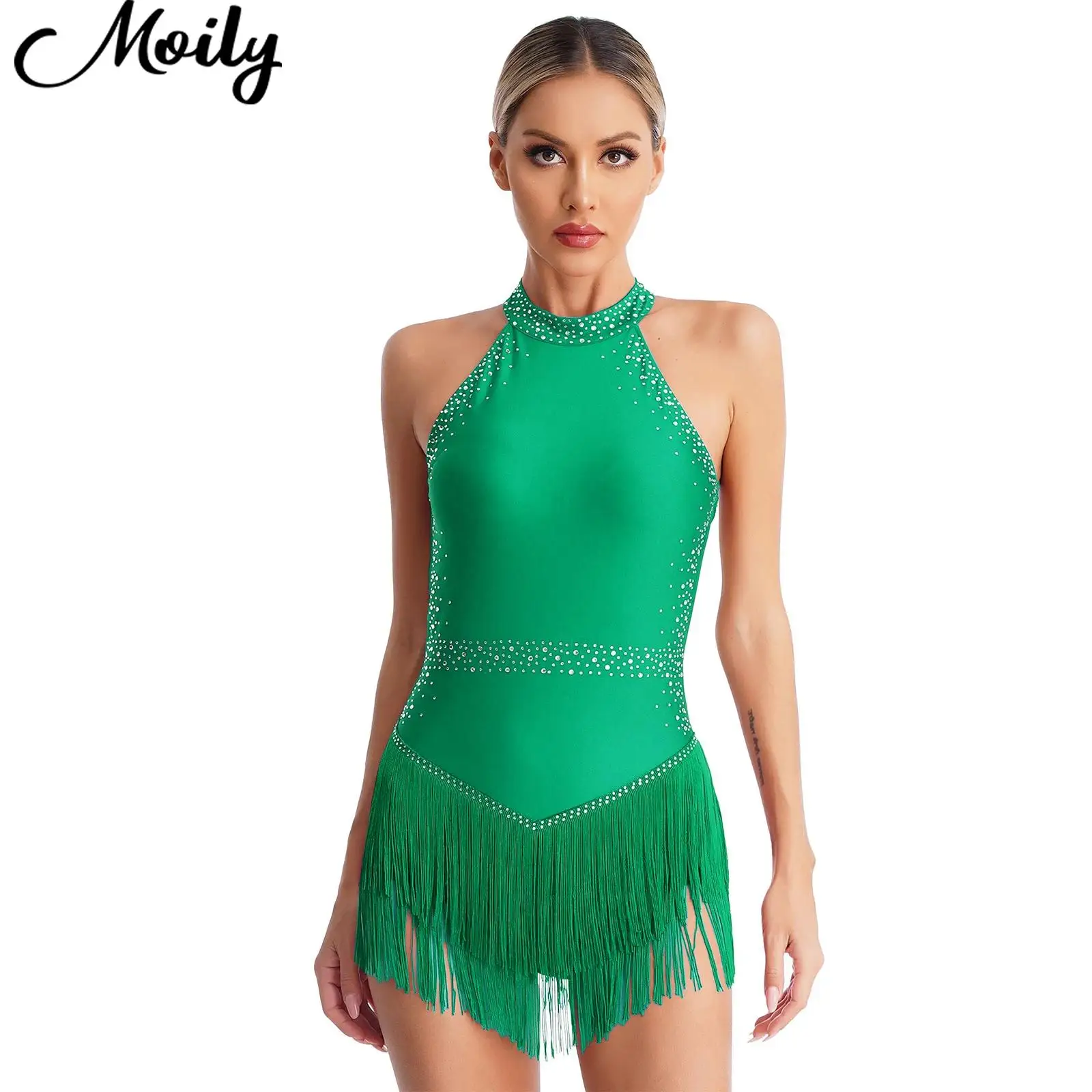 

Womens Sparkly Rhinestones Latin Tango Salsa Ballroom Dance Dresses Tassel Backless Fringe Bodysuit Fashion Performance Costumes