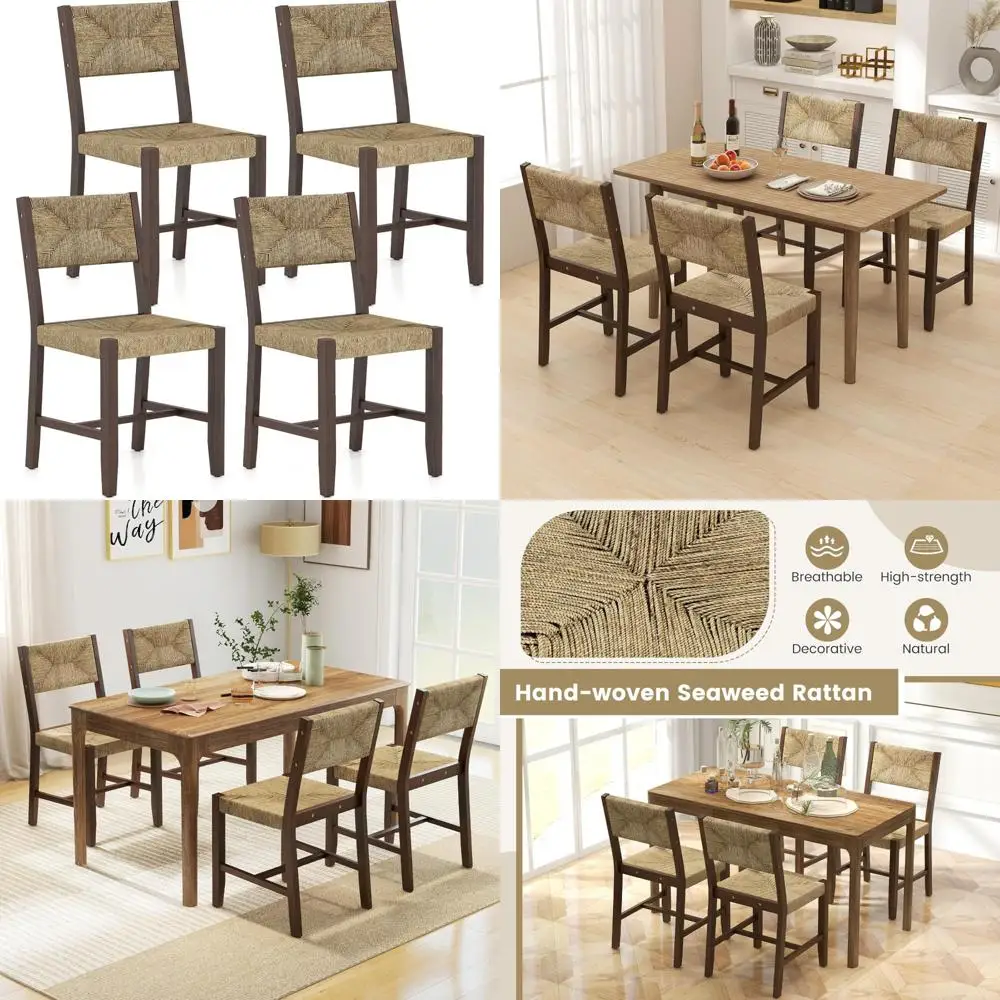 

Set of 4 Rattan Farmhouse Dining Chairs with Woven Seaweed Back and Seat, Acacia Wood and Rubber Frame, Armless Design
