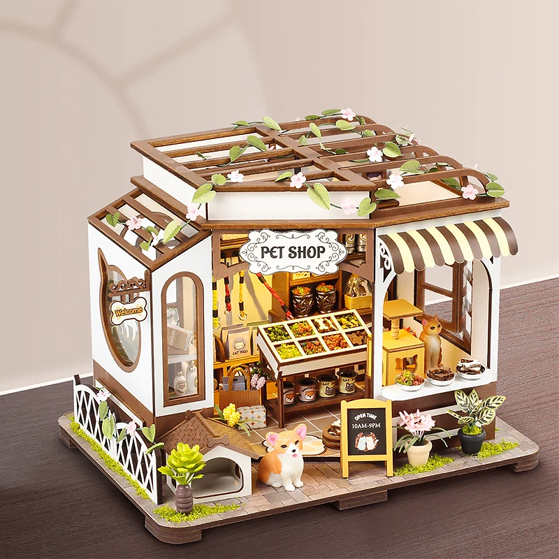 Pet Shop Wooden Doll Houses Kit 3D Puzzle Making and Assembling Room Toys Building Models Home Bedroom Decoration With LED Light