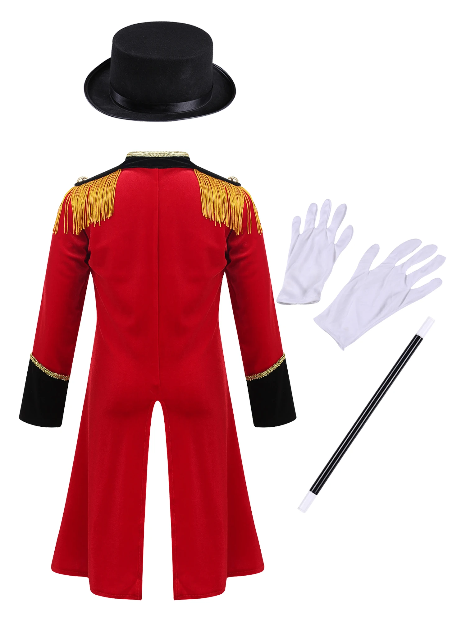 Bambini ragazzi Circus Ringmaster Costume manica lunga colletto alla coreana nappa spalla Tailcoat con cappello bacchetta magica guanti per Halloween