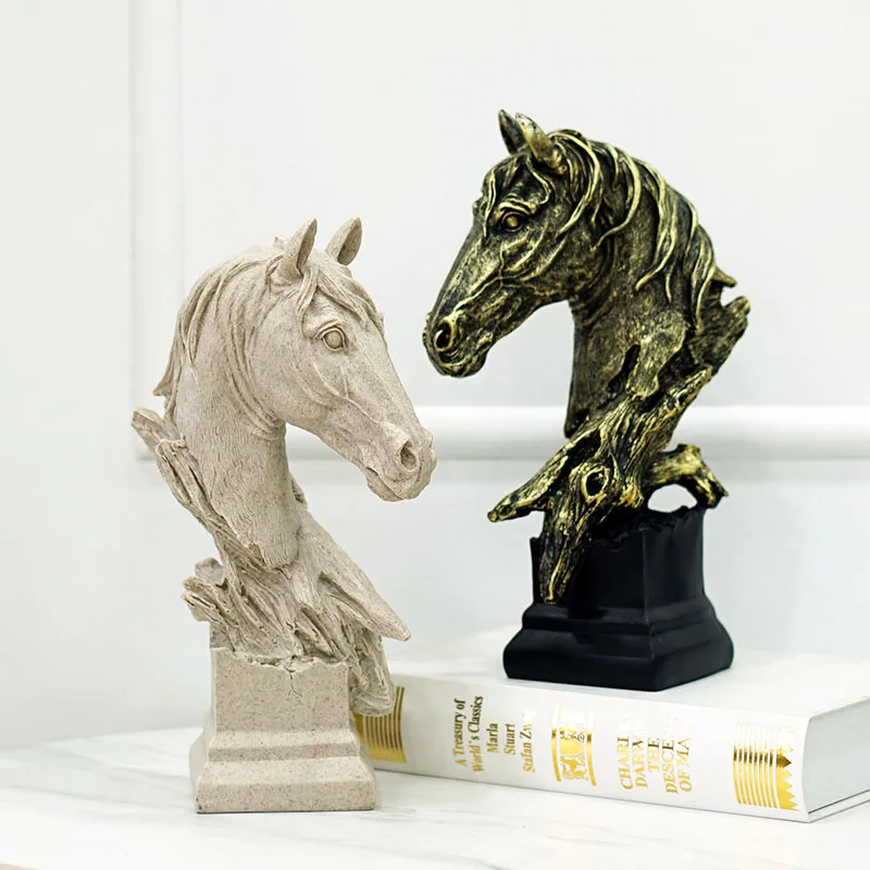 NORTHEUINS 29cm Resin Sandstone Horse Head Statue Decoration Retro Animal Collection Figurines Interior Decor Accessories Object