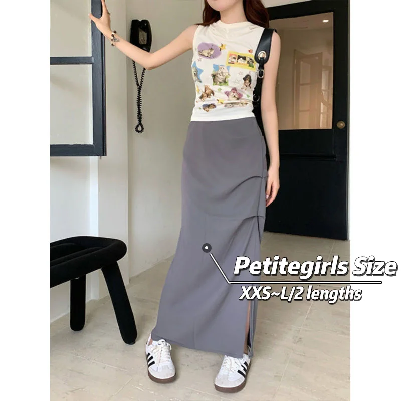 

150cm Petite girls Design Sense Pleated Split Skirt Women High Waist A-line Mid length Pear-Shaped Body Appear Thin XS Summer