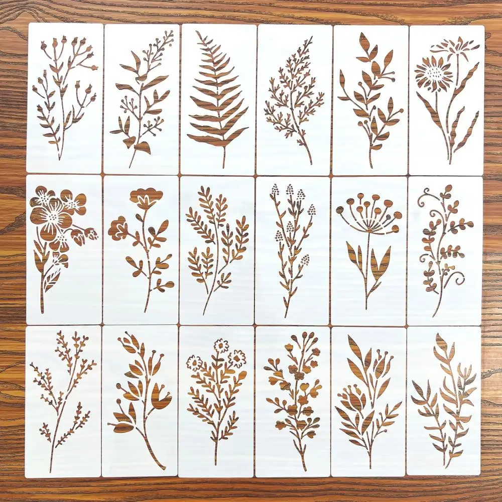 18pcs DIY Floral Painting Stencils Paper-Craft Supplies for Spray Painting and Doodling Reusable Plastic Templates for Wood