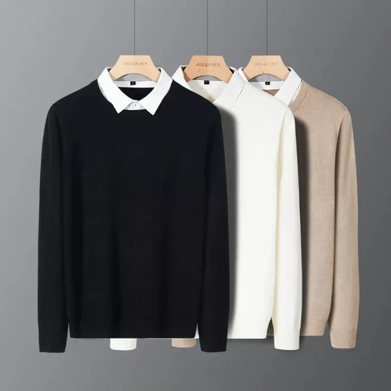 

Повседневный деловой вязаный свитер с воротником для мужчин, классический крой, черный, белый, бежевый, 232, осень-зима, искусственный пуловер из двух предметов