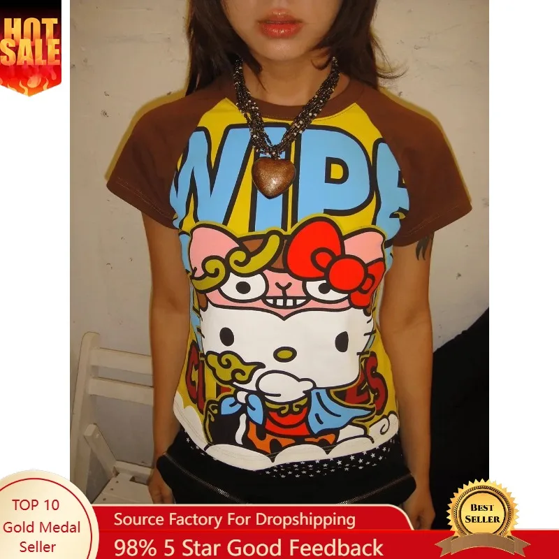 

New Sanrio Hello Kitty Anime Fashion Short Tops Y2k Summer Cute Tees Cartoon Printed High Street Gothic Short Sleeve T-shirts