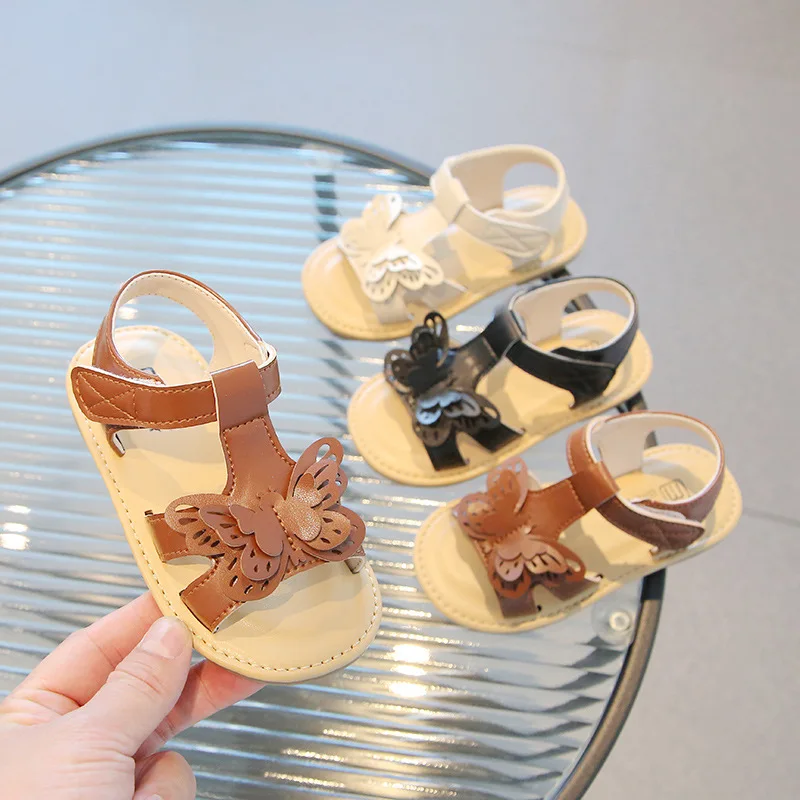 

2023 Summer New Girls Sandals Children Fashion Butterfly Soft Kids Soft Beach Shoes Open-toe Breatheable Flat Solid Color Unique
