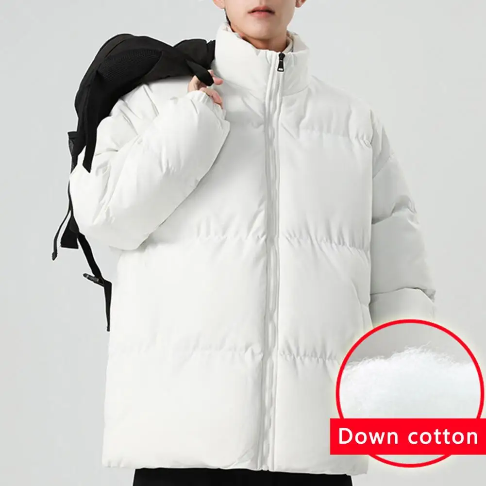 

Men Winter Cotton Jacket Men's Stand Collar Cotton Down Coat with Zipper Placket Pockets Solid Color Quilted Outwear for Winter