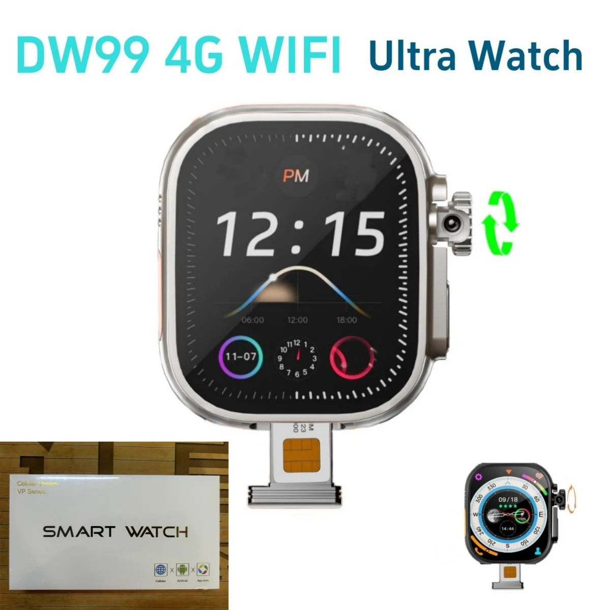 DW99 S9 Ultra 4G Android Smart Watch With Rotating camera 128GB ROM WiFi GPS SIM card 2.2'' Amoled Play Store Smartwatch New Box