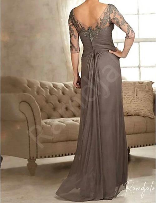 Customized Mother Of The Bride Dresses Wedding Party Gowns 3/4 Sleeve Coffee Sweep Brush Train Empire Waist Criss Cross Marriage