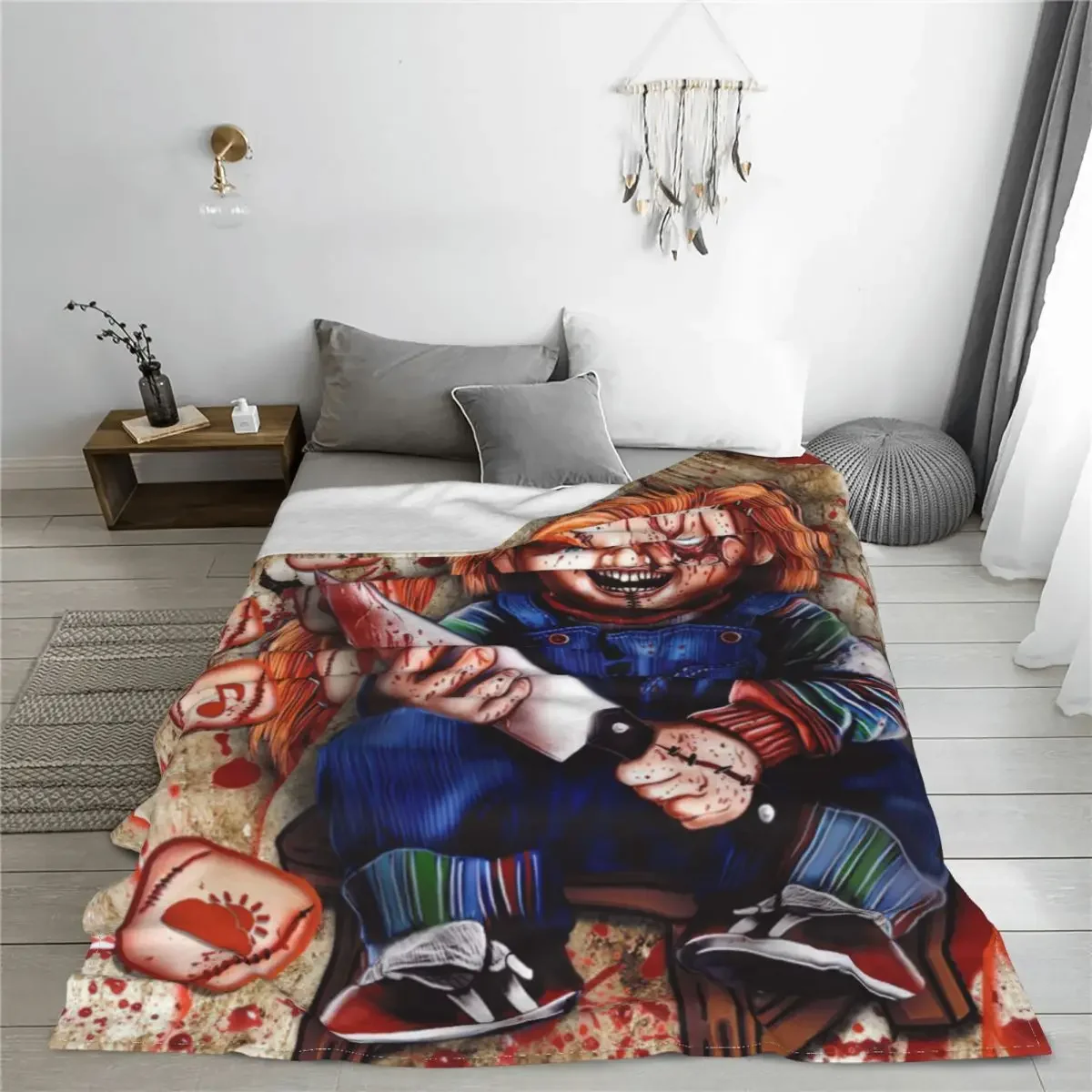 Chucky Childs Play Blanket Horror Movie Halloween Flannel Vintage Breathable Throw Blanket for Bed Sofa All Season